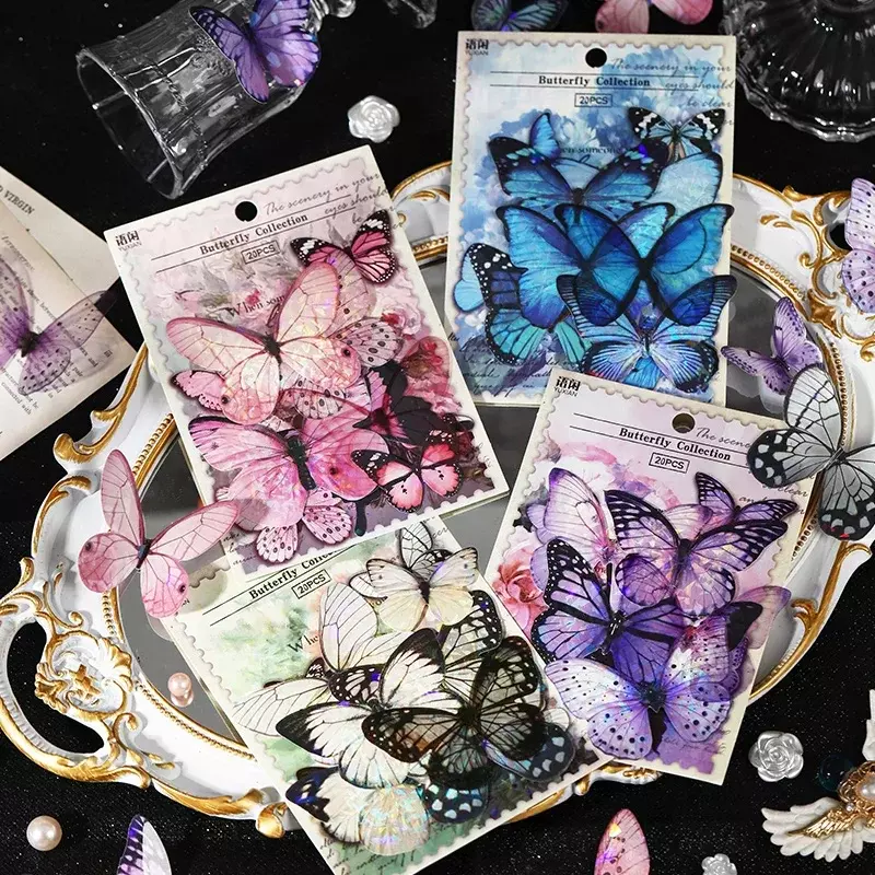 Journamm 20pcs/pack Retro Butterfly Stickers PET Materials DIY Scrapbooking Art Collage Stationery Planner Decor Diary Stickers