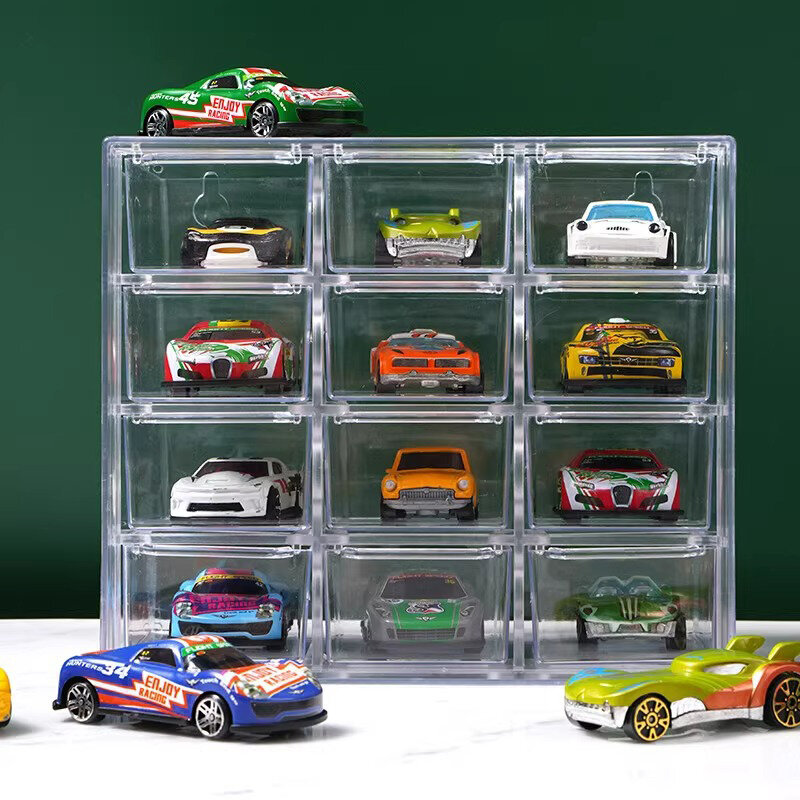 Caixa de armazenamento modelo do carro do brinquedo, prateleira de exposição clara, recipiente de armazenamento Dustproof, cremalheira do armário para a coleção, escala 1:64