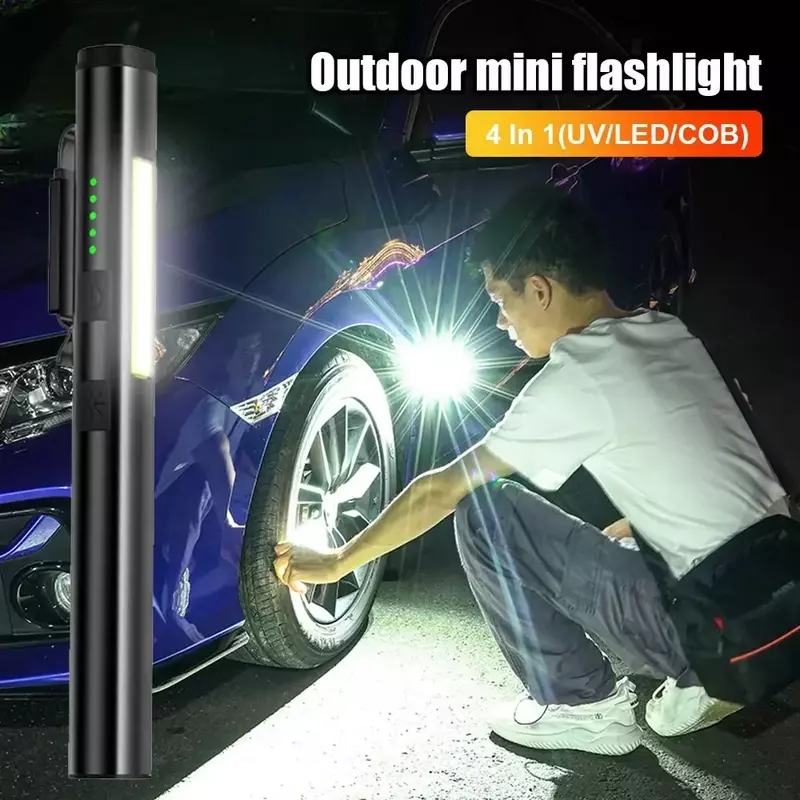 Lampe de poche LED multifonctionnelle 4 en 1, mini lampe de poche aste par USB, pince à stylo 800mAh, lumière UV 365nm, COB, camping, travaux de réparation