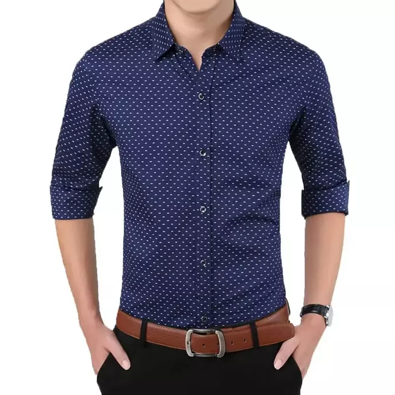 Новинка 2023, осенняя Модная брендовая мужская одежда, приталенная Мужская рубашка с длинным рукавом, мужская повседневная рубашка в горошек, женская блуза