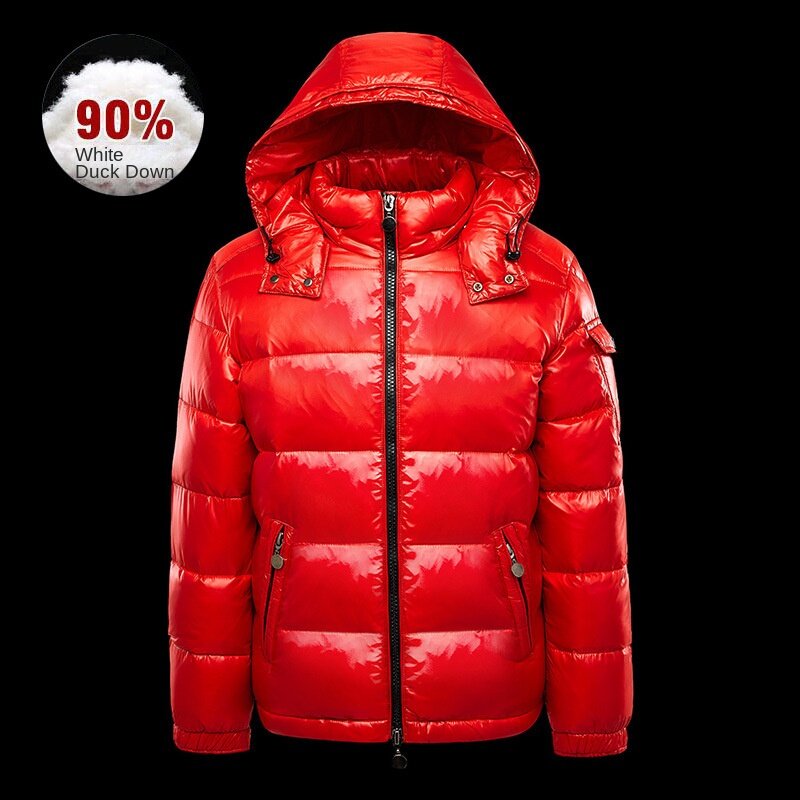 90% White Duck Down Down Jacket with Black Glossy Face for Men and Women, Large Size Jacket with Hood and Thickened Bread Jacket