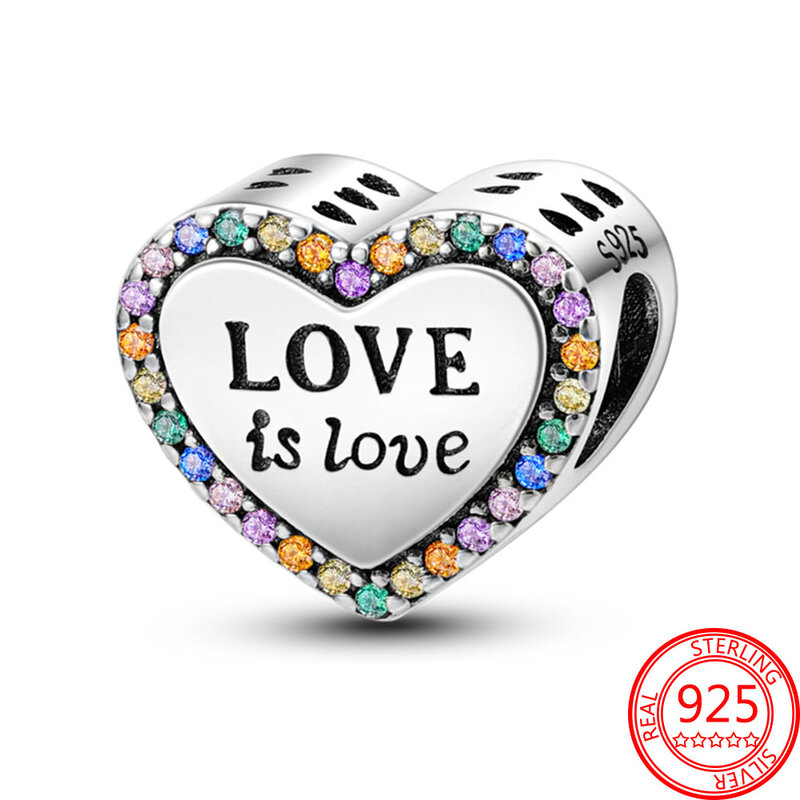Romantic New 925 Sterling Silver Rainbow Heart, Love is Love Bead Charm fit Original Pandora Bracelet Jewelry DIY Jewelry Making