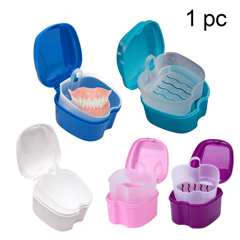 Dentadura banho caixa organizador dental dentes falsos caixa de armazenamento com pendurado líquido recipiente limpeza dentes casos caixas de dentes artificiais