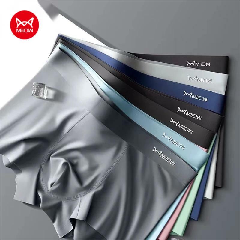 MIIOW-Ice Silk Boxer Shorts para homens, roupa interior antiestática, cuecas sem costura, Cut Hem, fibra de metal, calções de tronco, 3pcs