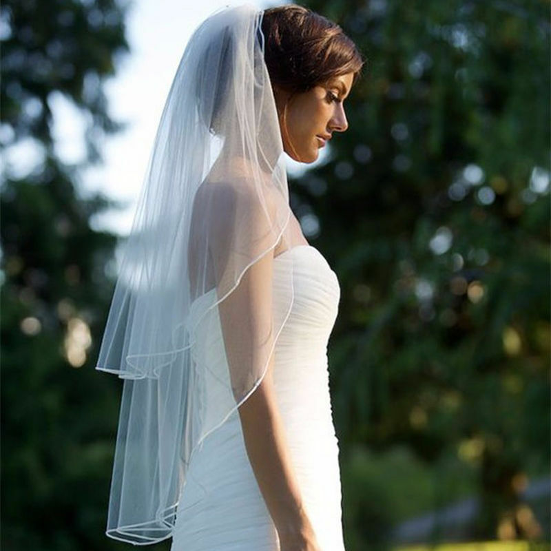 Kerudung dua lapis dengan sisir Vail pernikahan warna Solid Tulle lembut pendek putih gading wanita kerudung pengantin