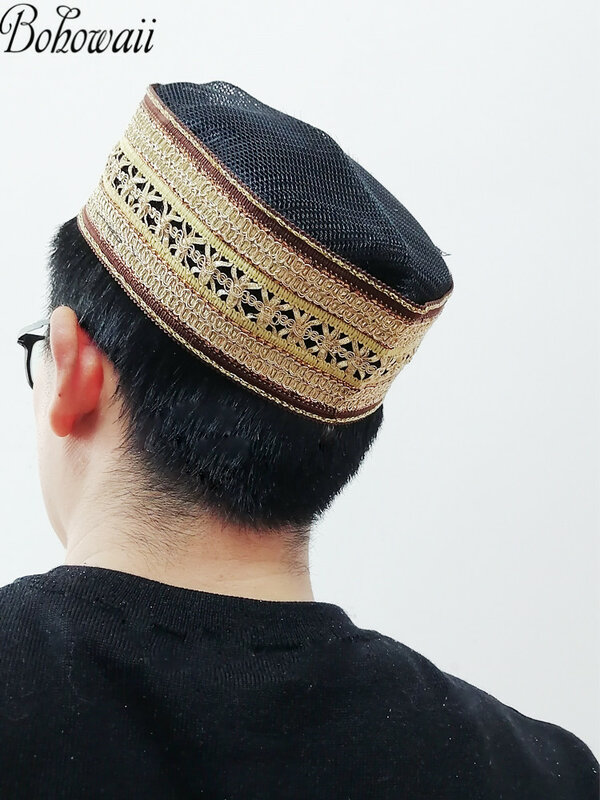 BOHOWAII moda muzułmański kapelusz Islam Homme Kippahs żydowska arabia saudyjska Kufi modlitwa czapeczka dziecięca lato fajne czapka nakrycia głowy dla mężczyzn