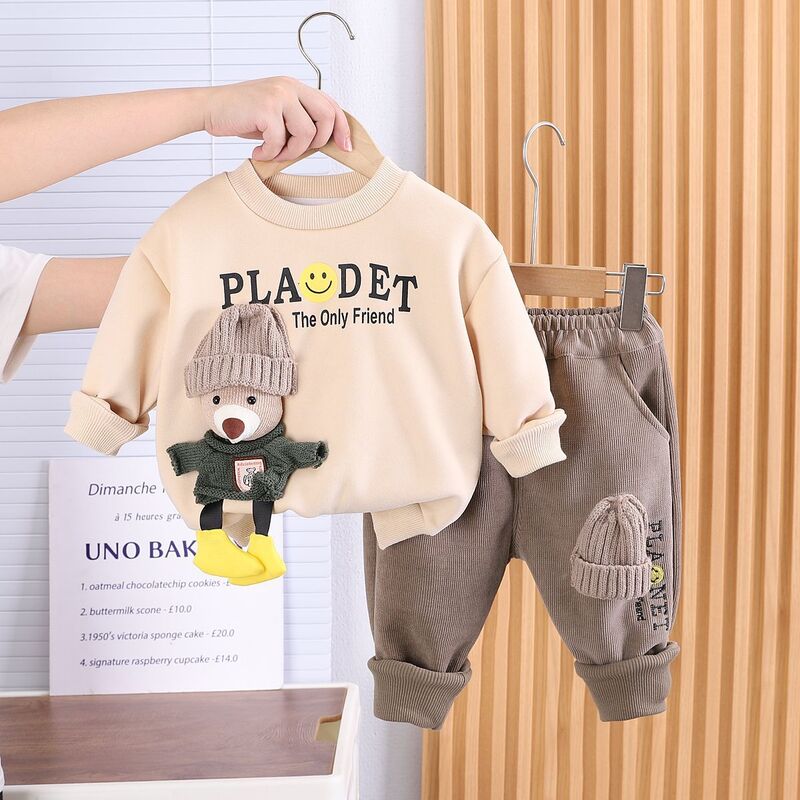 Children's Clothing Set Autumn and Winter New Boys' Baby Korean Edition Plush Thickened Sweater Pants Two Piece Set