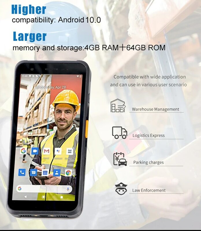 Android 10 Rugged Handheld PDA 2D Barcode Scanner Full Touch Screen 5.7" WiFi & 4G LTE for Warehouse Inventory & Assets Tracking