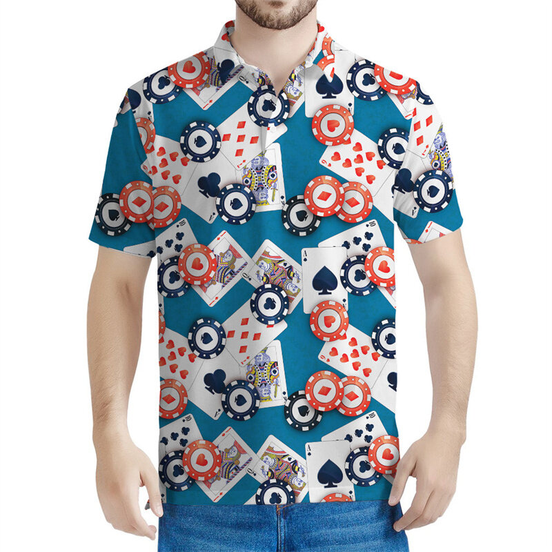 남성용 카지노 칩 패턴 폴로 셔츠, 3D 프린트 포커 라펠 티셔츠, 여름 스트리트 반팔 상의, 단추 루즈 티, 패션