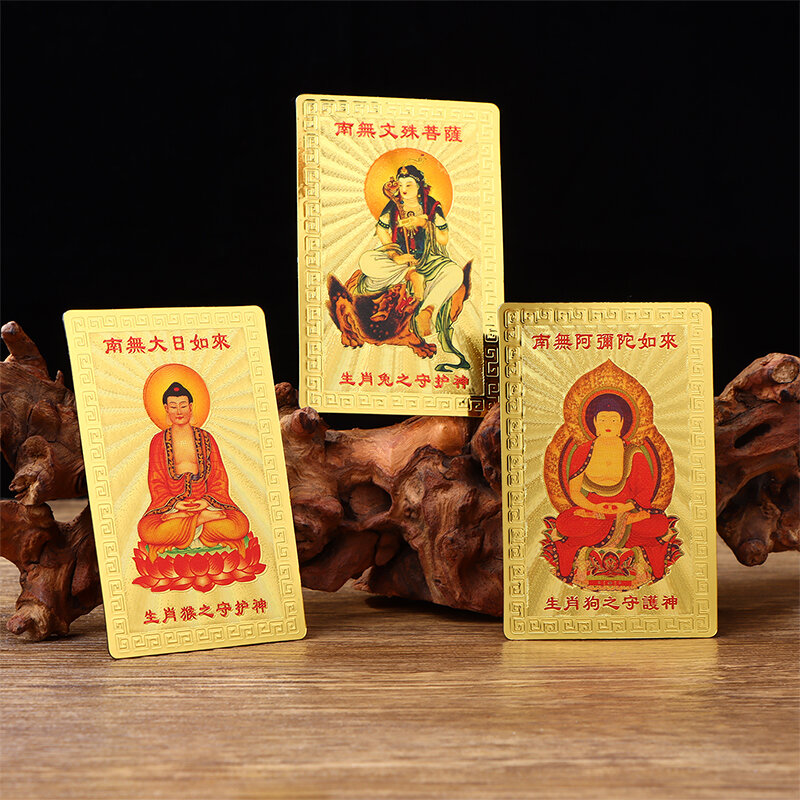 Amuleto Gold Foil Card, Cartão do Zodíaco dos doze, Cartão de Natal, Cartão de Buda do metal, Cartão de Buda Protetor do Coração Sutra
