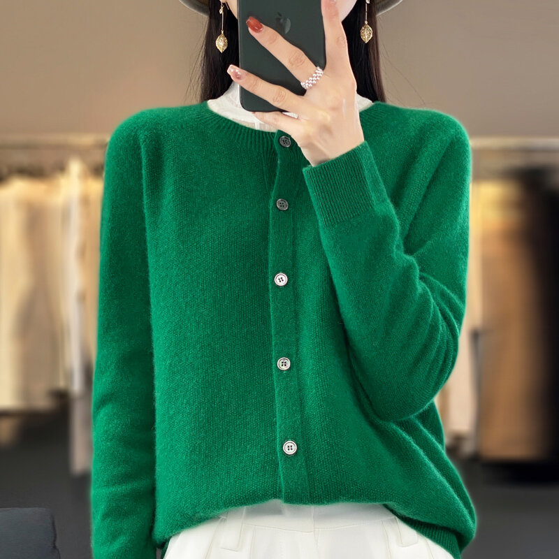 Suéter de caxemira merino 100% puro feminino, cardigã com gola O, blusa solta de manga comprida, novo, primavera e outono, 2024