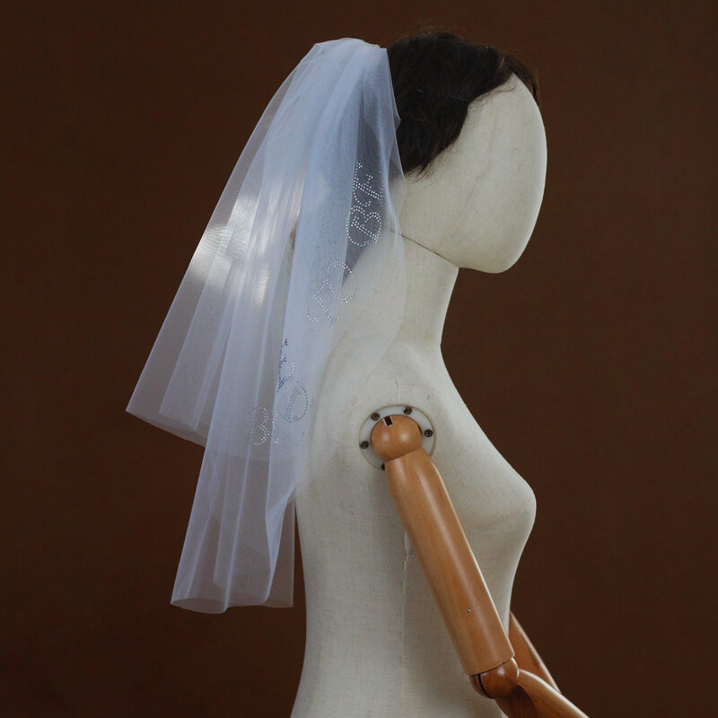 V345 velo de hombro de novia de dos capas, velo de tul blanco para novia, tocado con letras pegadas