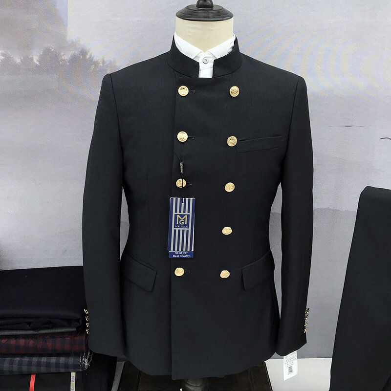 Мужской костюм с воротником-стойкой в китайском стиле, облегающий костюм из двух предметов, Мужской Блейзер Чжуншань, Официальный высококачественный пиджак, пальто, брюки, брюки