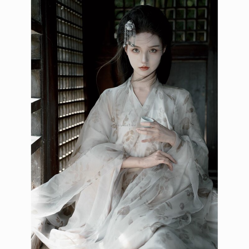 ชุด Hanfu พิมพ์ลายสไตล์จีน Wei Jin ใหม่2024นางฟ้าสง่างามศิลปะชากระโปรงผ้าโปร่งใส่ได้ทุกวันชุดชุดคอสเพลย์ผู้หญิง