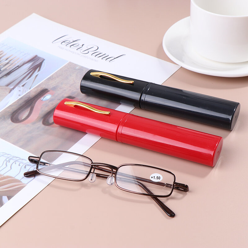 1pcs Fashion Elegant Portable Mini Reading Glasses Metal Frame Pen Box Presbyopia Eyeglasses With Box daily decoration, glasses