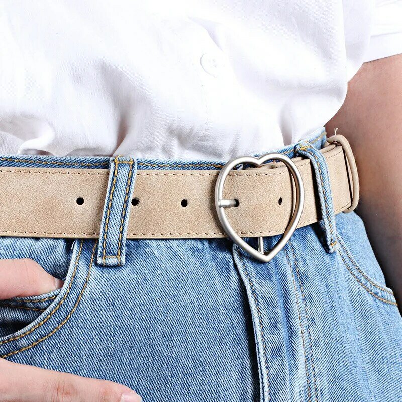 Ladies Nubuck Leather Belt Student Belts 2022 New Ladies Faux Leather Belt Alloy Heart Day Buckle