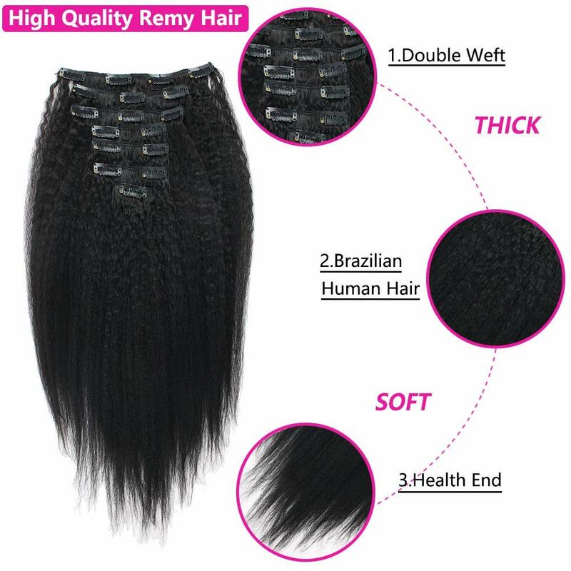 Kinky Rechte Clips In Human Hair Extensions 120G 8 Stks/set In Braziliaanse 100% Remy Menselijk Haar Natuurlijke Kleur 10-26Inch