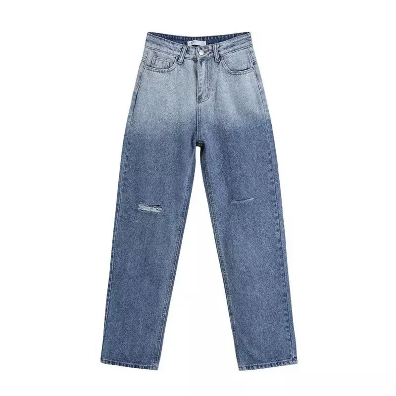 Personalidade azul gradiente feminino jeans rasgado, cortina solta, cintura alta, calça fina de pernas largas, nova moda, outono e inverno, 2022