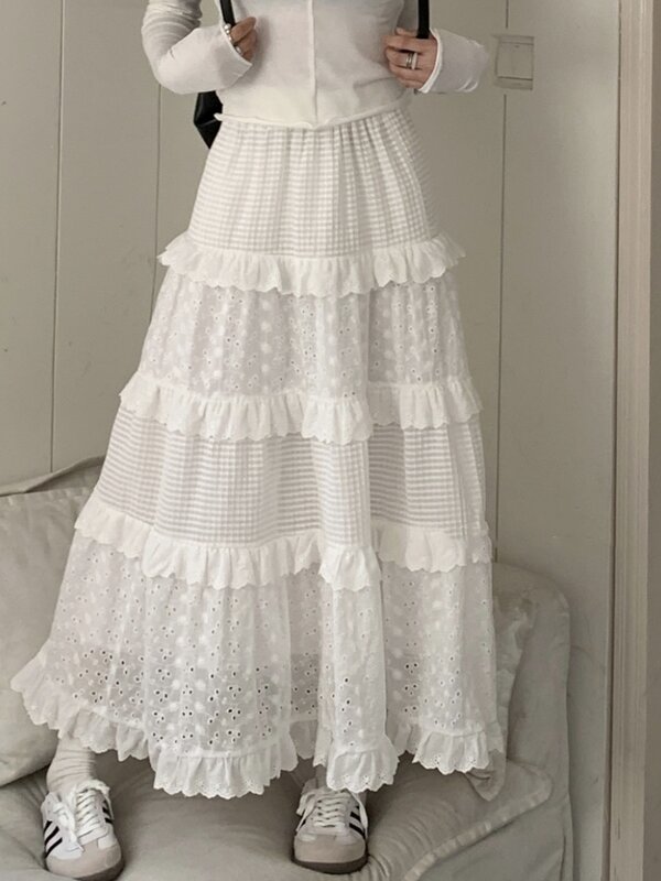 Solid Crochet Lace Skirt Womens White Skirt Vintage 2023 Spring Summer High Waisted High Low Ruched Ruffle Long Skirt rok