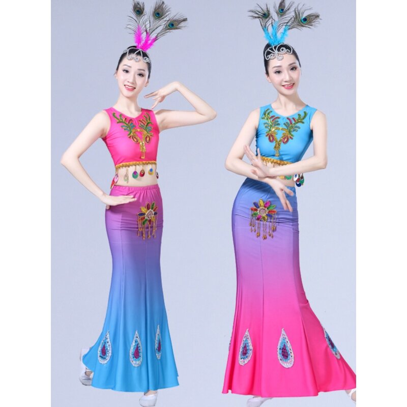 Dai gaun dansa untuk anak-anak dewasa wanita baru etnik merak gaun pertunjukan tari slim-fit bahu ganda gaun ekor ikan