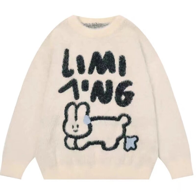 Suéter esponjoso de conejo dulce para mujer, suéter suelto de punto Jacquard, Top Y2K, versión coreana, nuevo estilo, otoño e invierno, 2023