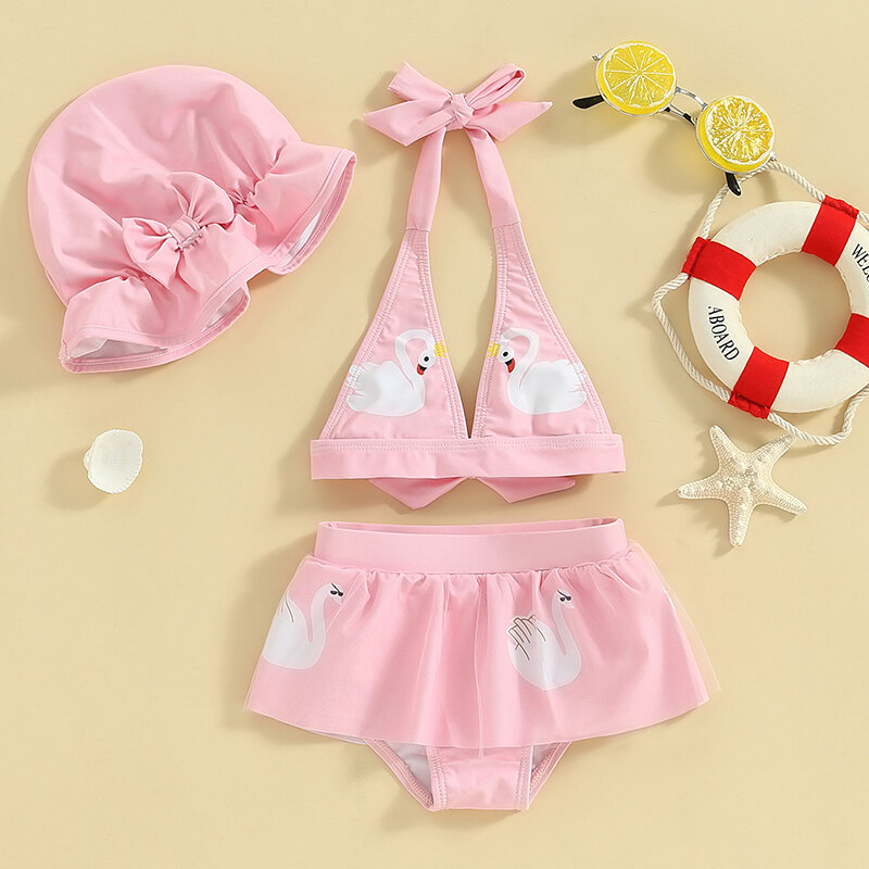 VISgogo Toddler Girls 3Pcs Swimsuits Swan Print Lace up Bikini Tops Shorts Bow Hat Summer Baby Bathing Suits Beachwear
