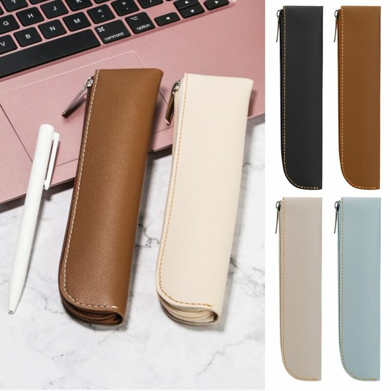 Solid Color PU Pencil Bags Pen Sleeve PU Leather Large Capacity Pen Pouch Pen Bags Office Supplies