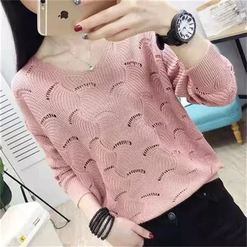 Sexy Women Knitted Pullover Mesh Hollow Top Female Autumn Fashion Bat Sleeve V-Neck Lady Thin Clothes Tide Korean Style  Jumper