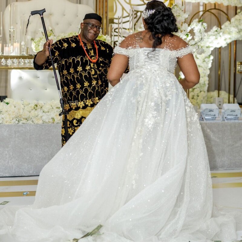 Gaun pernikahan leher tipis Afrika mewah applique manik-manik manik-manik gaun pengantin wanita ukuran besar gaun pengantin elegan Vestido De Novia