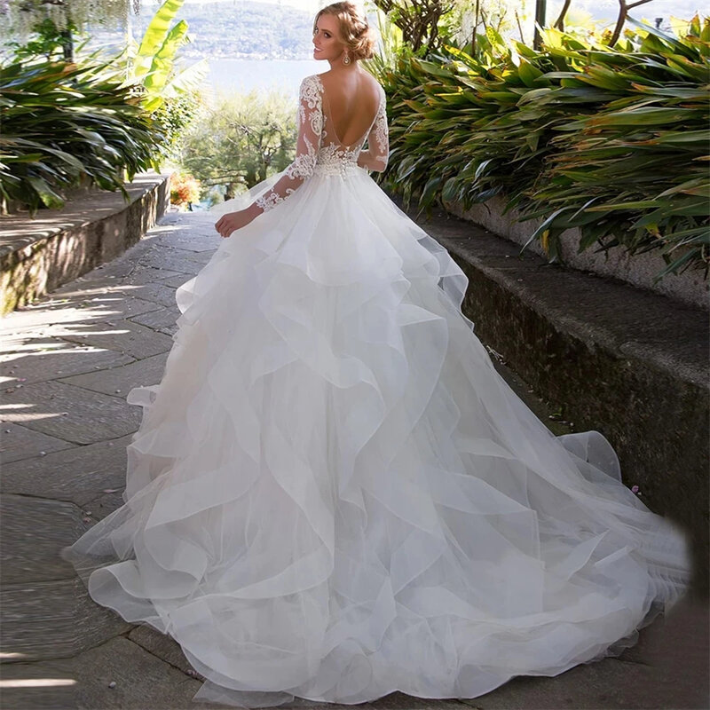 Elegant O-Neck Backless Appliques Tulle Cut-out Tiered Full Sleeves Wedding Dresses 2024 Court Train Ball Gown Bridal Gown