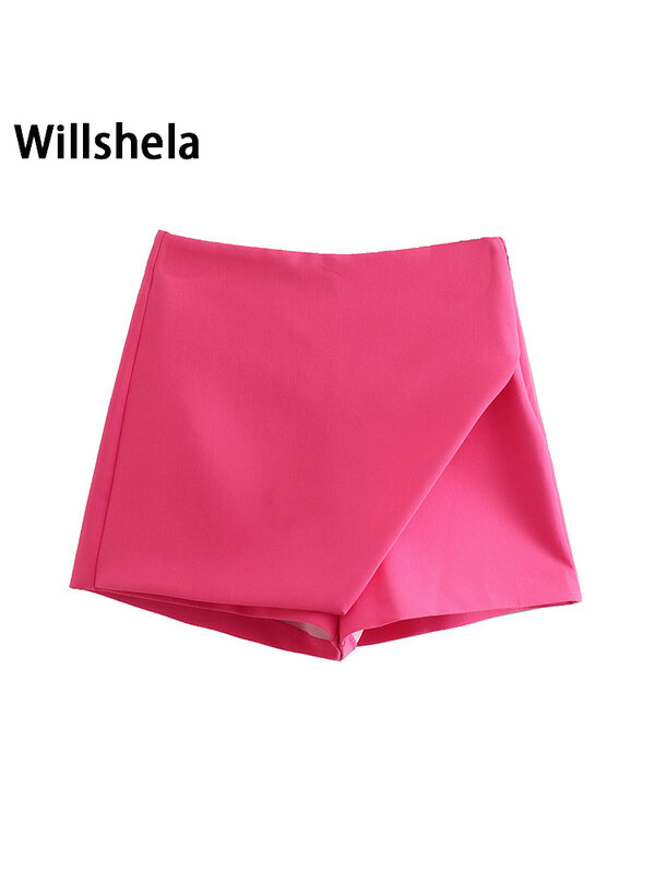 Willshela กระโปรงขาสั้นไม่สมมาตรสำหรับผู้หญิงแฟชั่นสำหรับผู้หญิงมีกระเป๋าเอวสูงด้านหลังมีซิปด้านหลังสีพื้น