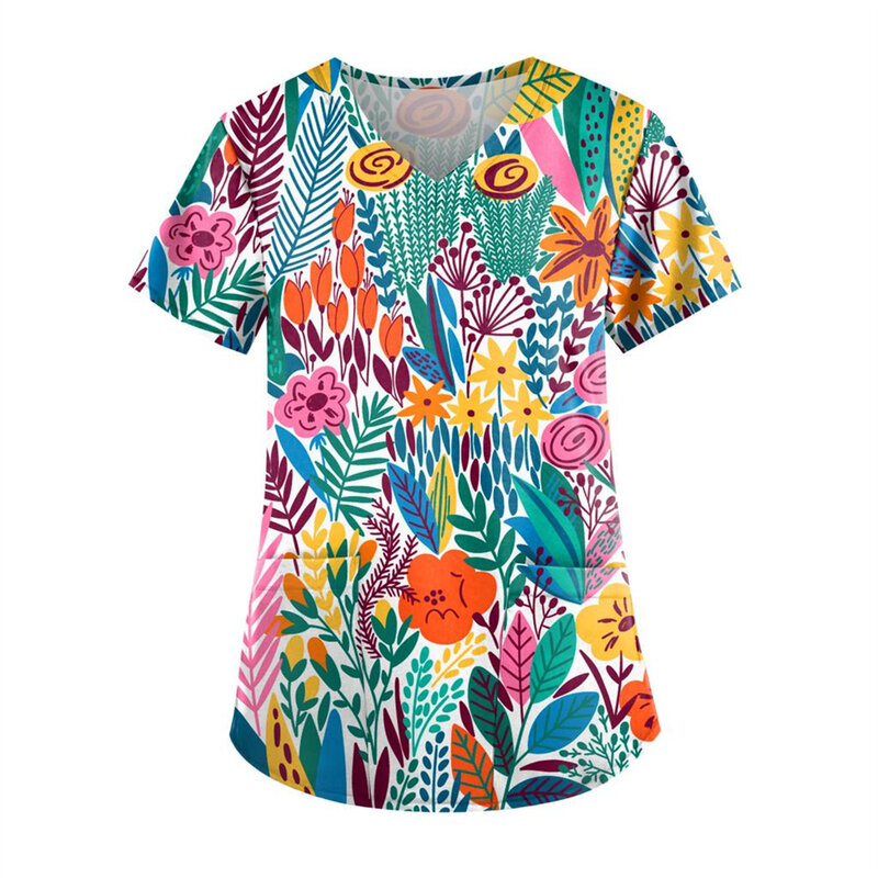 女性のタイダイ看護看護ユニフォームトップ、抽象的なTシャツ、塗装パターン、スキーTシャツ、ギャラクシーポケットTシャツ、服