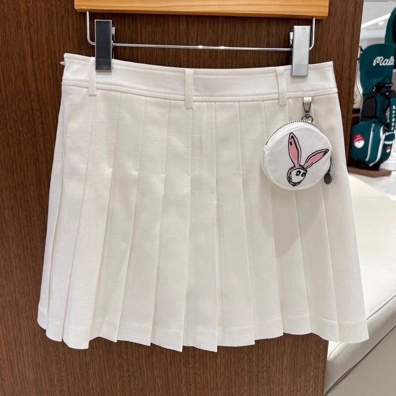 Mini jupe de tennis taille basse pour femme, mini jupe de golf, petit sac rond lapin, pendentif solide, uniforme d'écolière, 2023