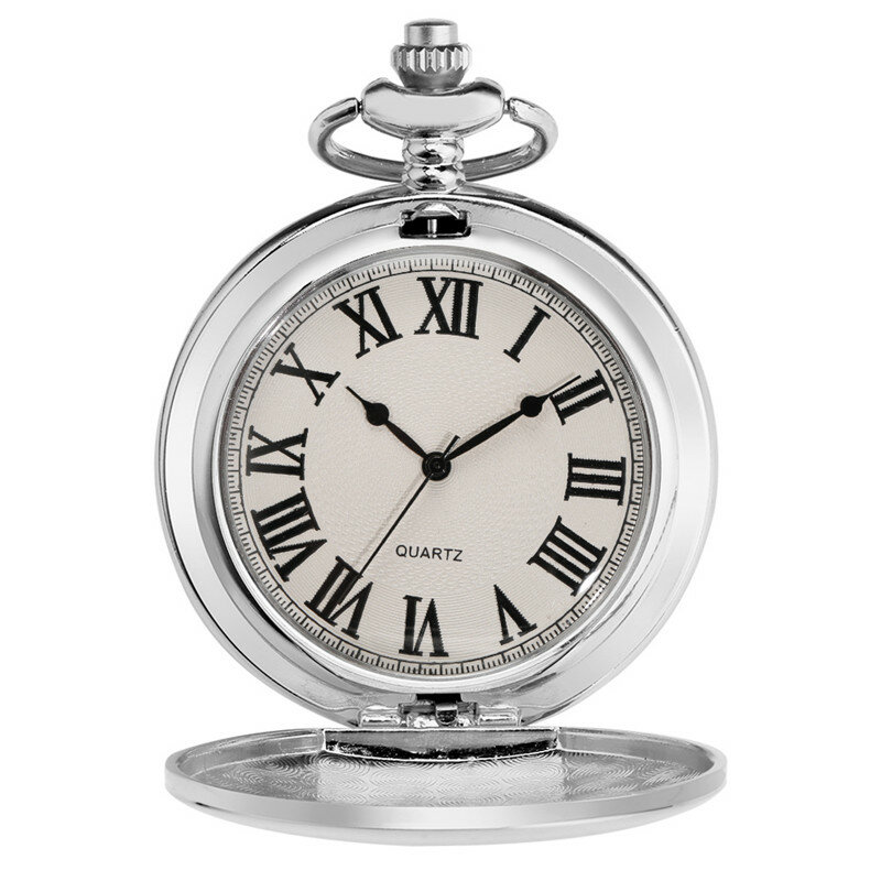 Roman Quartz Relógio de Bolso para Homens e Mulheres, Caso Prata, Exibição Numérica, Colar Analógico, Pingente Corrente, Presente