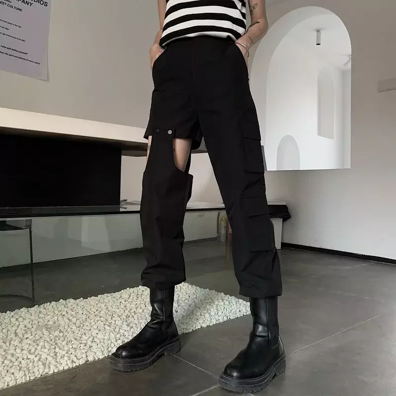 Calça cargosa de cintura alta feminina, estilo coreano, retalho de bolso, moda feminina solta, calça haren preta, streetwear, outono, 2022