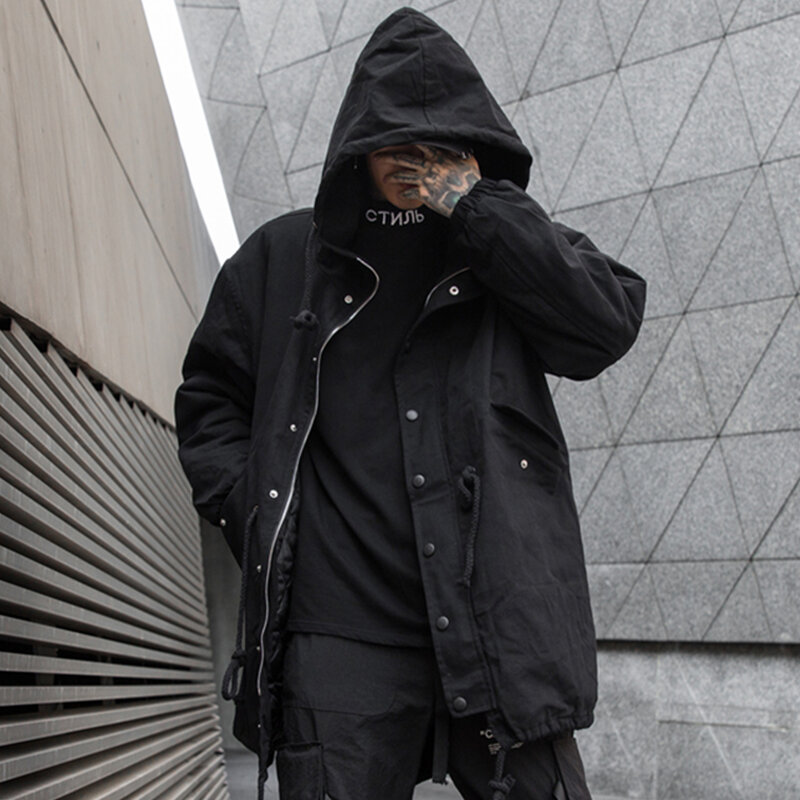 Windbreaker Drawstring Coats Mens Harajuku Techwear Hooded Parkas Jacket Thick Solid Winter Jacket Black Outwear