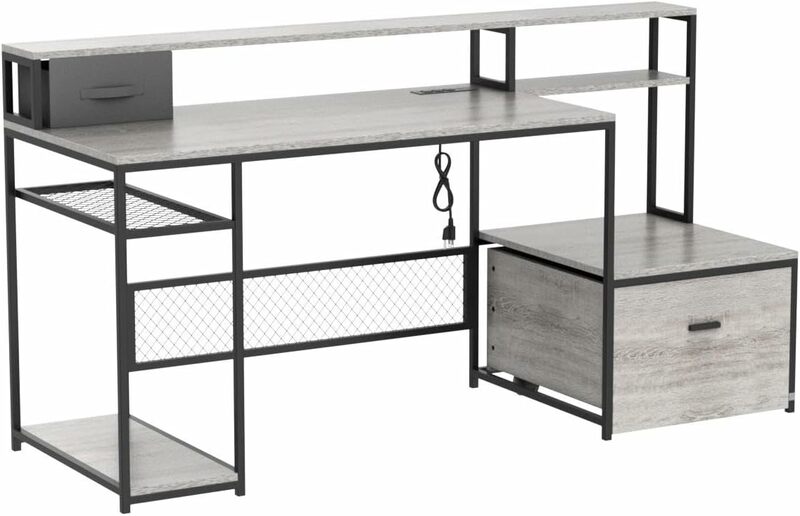 AYEASY Home Office Desk with Monitor Stand Shelf, 66 inch Large Computer Desk with Power Outlet and USB Charging Port, Computer