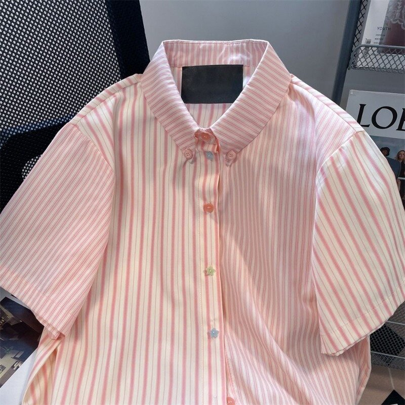 XEJ-camisa listrada rosa para mulheres, camisa extragrande, elegante e chique, moda coreana, kawaii, verão, 2024