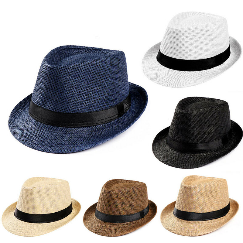 女性と男性のためのユニセックススタイルの麦わら帽子,大きなキャップ,リボン付き,ビーチ用,サンハット,結婚式用,黒,l x 5