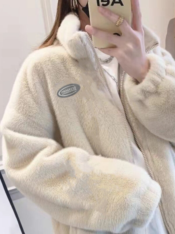 Casacos de inverno superdimensionados de ursinho de pelúcia feminino, branco, jaqueta de gola alta, quente, velo grosso, casacos de pele sintética, blusa esportiva, fêmea