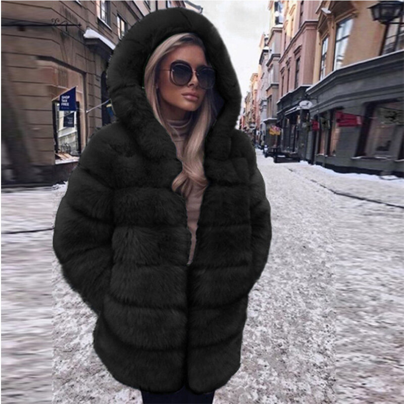 2023 jaket berbulu halus bertudung mantel bulu palsu panjang musim dingin mantel bulu palsu pakaian luar berbulu tebal hangat dan jaket wanita