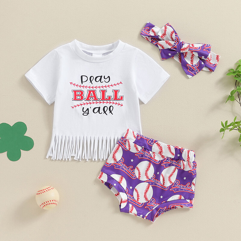 Комплект с шортами Lioraitiin для маленьких девочек, футболка с коротким рукавом и буквенным принтом, с Бейсбольным принтом и лентой для волос, 2024-04-05
