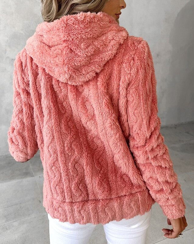 Pluszowy płaszcz damska 2023 jesienno-zimowa nowy zamek z rozmytą teksturą polar z kapturem płaszcz moda na co dzień długi rękaw ciepły płaszcz