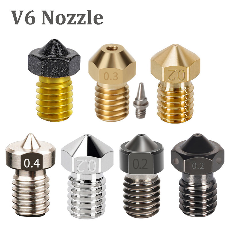 2pcs All Metal V6 Nozzle 3D Printer Parts M6 Thread Brass Hard Steel Titanium PTFE Plated Nozzles E3D V5 For 1.75mm Filament