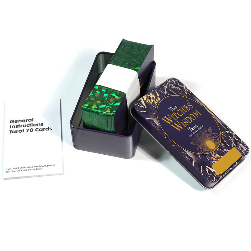 Kartu Tarot Wisdom penyihir dalam kotak timah dengan tepian berlapis hijau 10.3*6cm 78 buah kartu Tarot dengan buku panduan untuk pemula