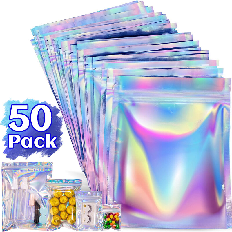 Bolsas de embalaje láser resellables, bolsa holográfica transparente para exhibición de Joyas, almacenamiento al por menor con tira de sellado, 50/30/10 piezas
