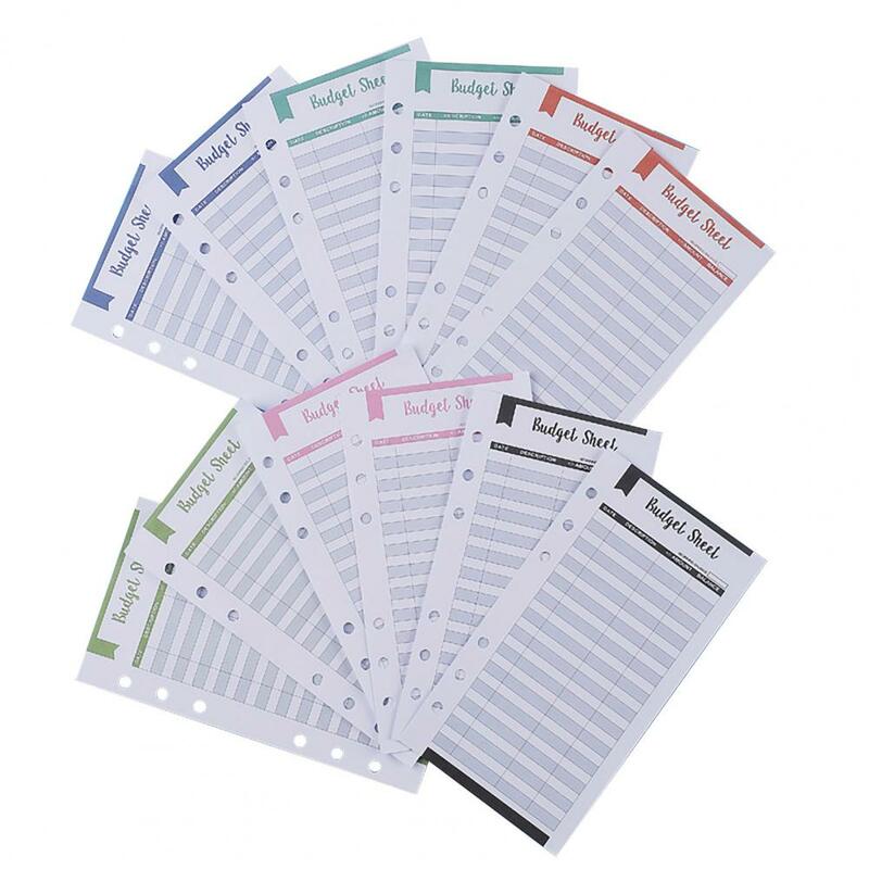 Binder Sheets Expense Tracker Inserts for Cash Envelope Planner Wallet 12pcs Multi-color Sheets with 6 Holes for Home