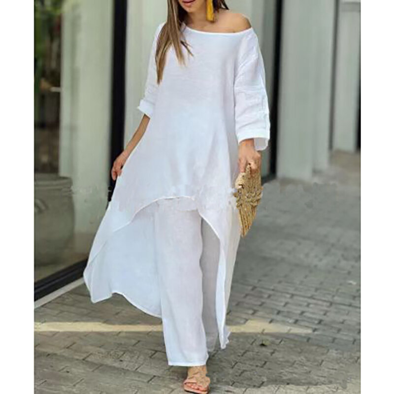 Cotton Linen Oversize Loose Irregular Long Sleeve Top and Wide Leg Pants Suit 2023 Spring Casual Solid 2 Pieces Set Woman Outfit