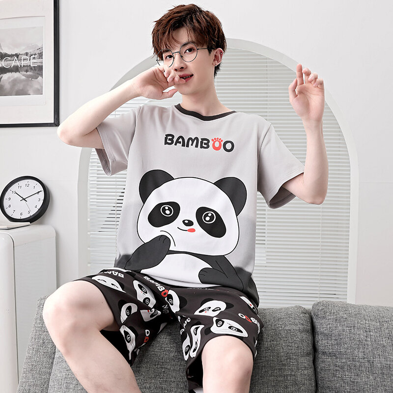 Piyama pria musim panas Set pakaian tidur dewasa piyama katun pakaian rumah kartun Panda Korea longgar piyama lengan pendek santai Loungewea