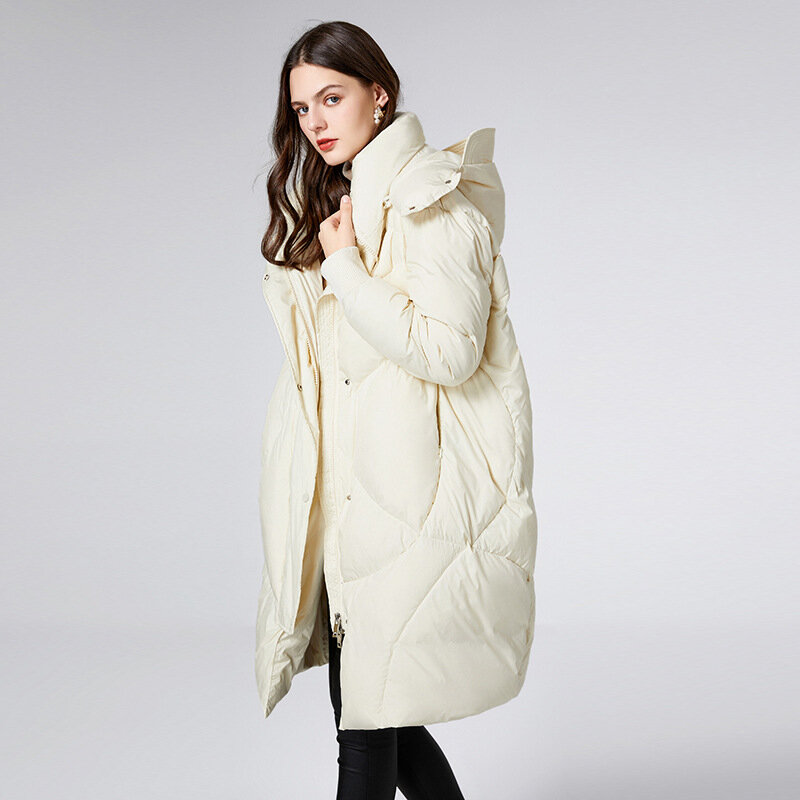 PBACK-X 롱 솔리드 화이트 오리털 코트 여성용, 겨울 상품 2022